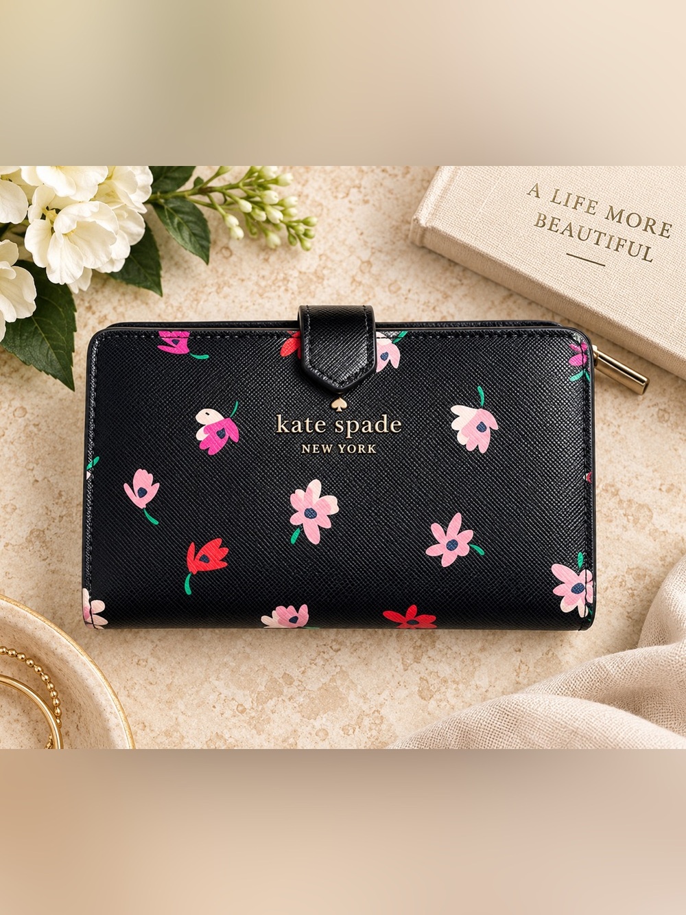Kate Spade New York Black Floral Leather Bifold Zip Wallet